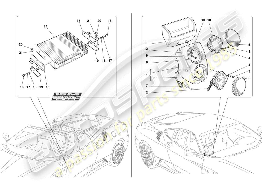 ferrari f430 scuderia (rhd) schema delle parti del sistema amplificatore radio