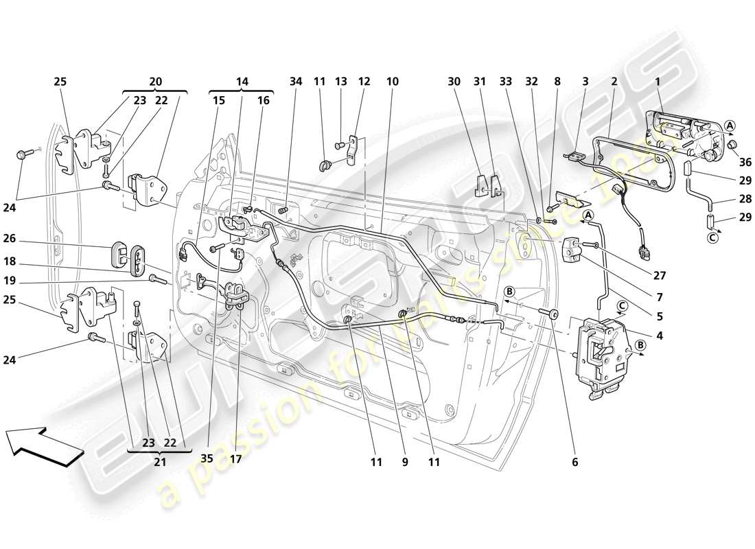 maserati trofeo porte: diagramma delle parti del controllo di apertura e delle cerniere