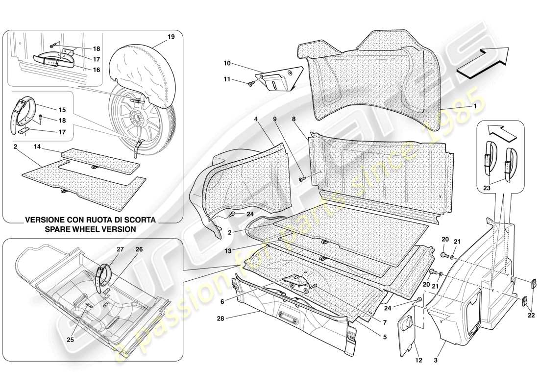 ferrari 599 gto (rhd) rivestimento vano bagagli diagramma delle parti