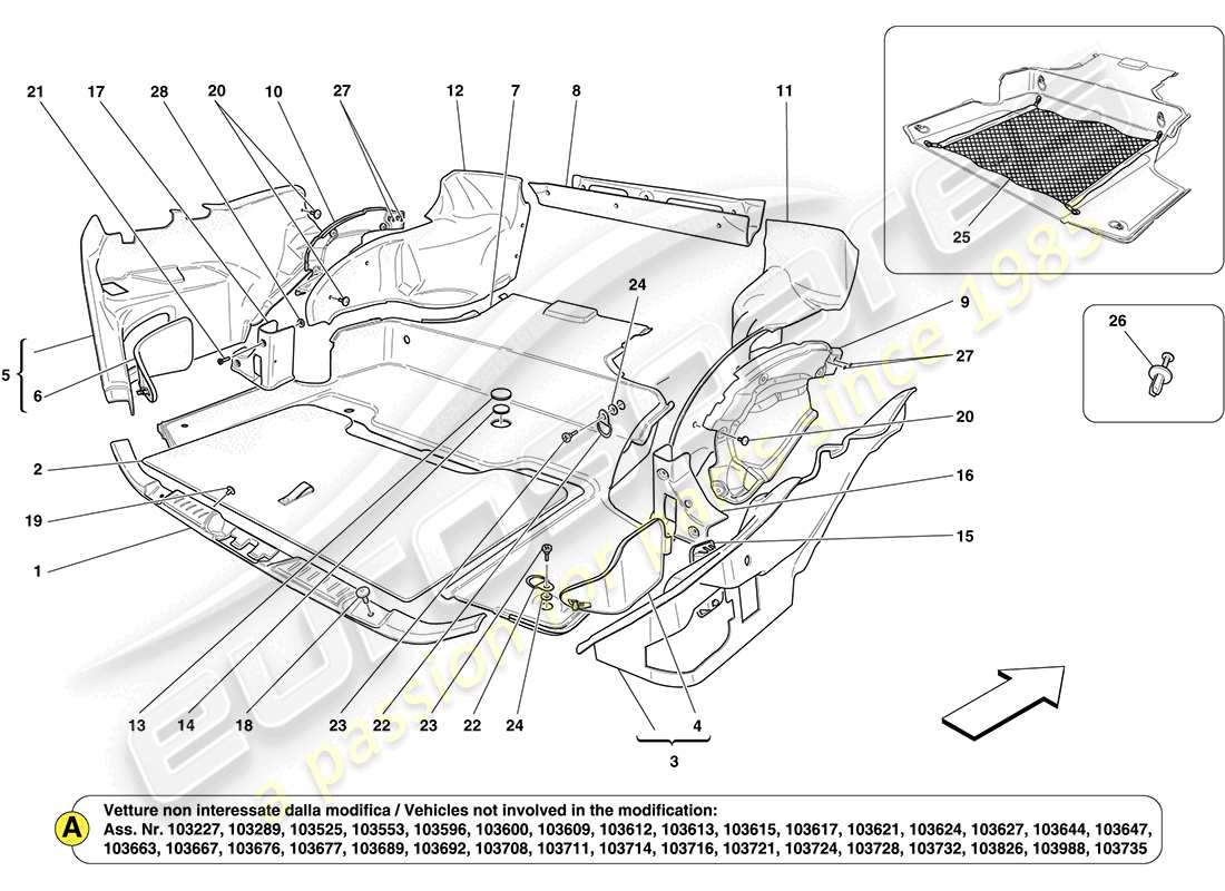 ferrari california (rhd) diagramma delle parti dei tappetini del vano bagagli