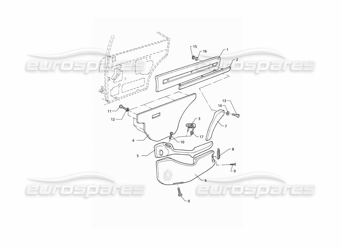 maserati qtp v8 (1998) rivestimenti interni: diagramma delle parti dei pannelli delle porte posteriori