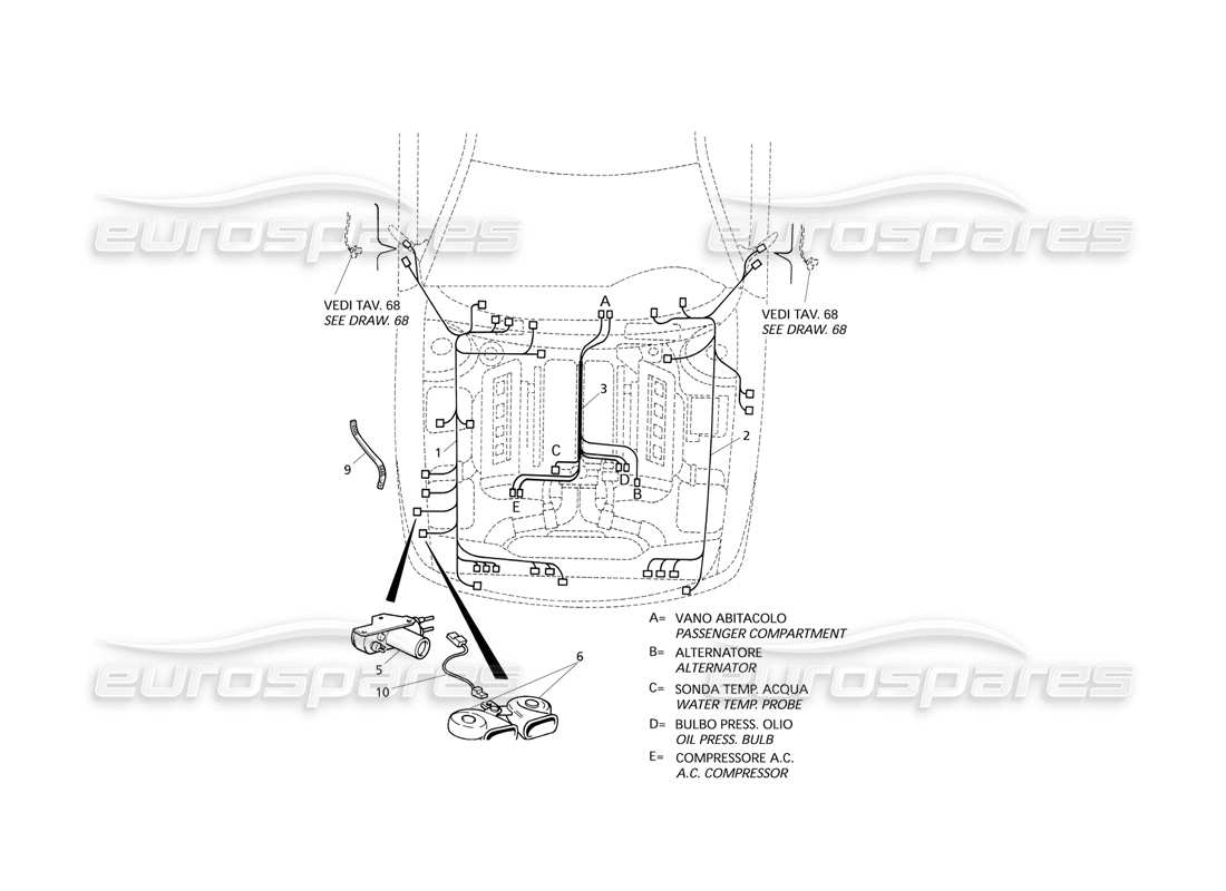 maserati qtp v8 evoluzione impianto elettrico: diagramma delle parti del vano motore (guida a destra).