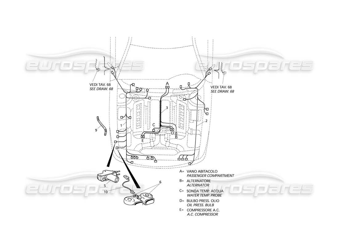 maserati qtp v8 evoluzione impianto elettrico: schema delle parti del vano motore (guida a destra).