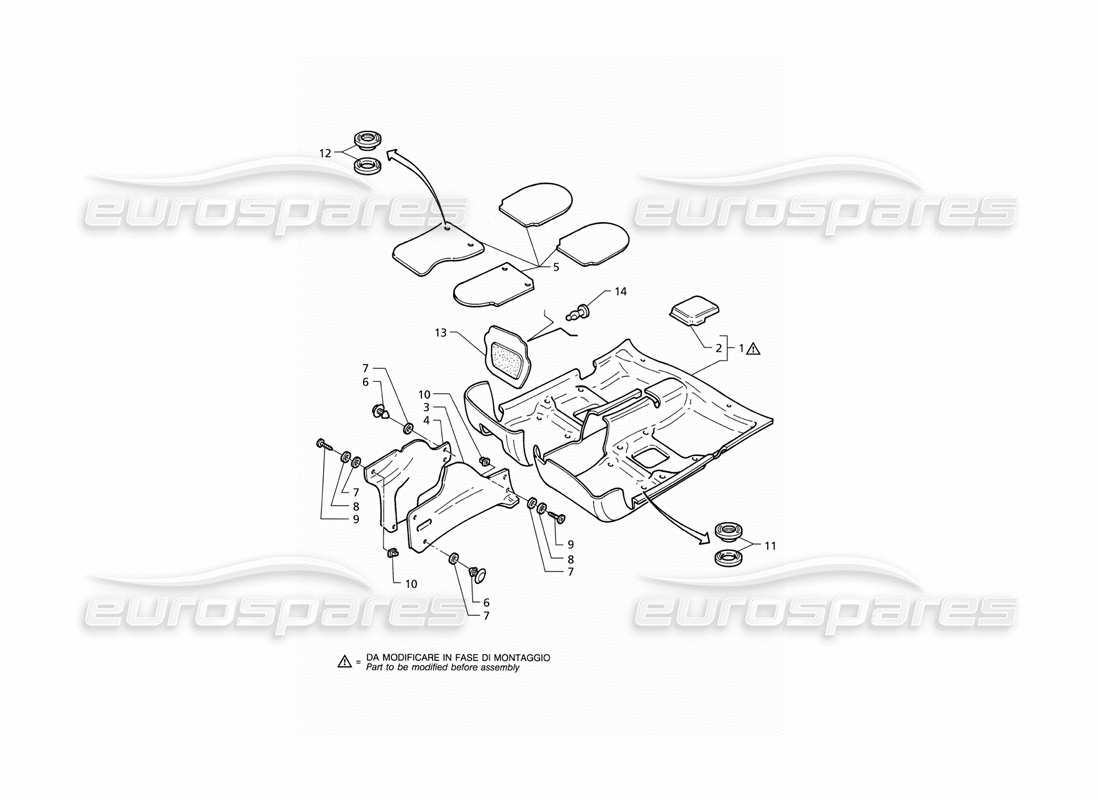 maserati qtp v8 (1998) tappeti dell'abitacolo: schema delle parti di veicoli con doppio airbag