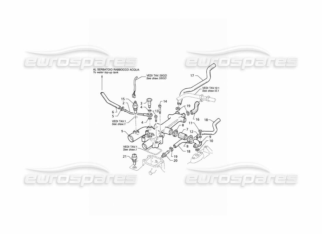 maserati qtp v8 (1998) diagramma delle parti dei tubi di raffreddamento del motore e del termostato (rhd).
