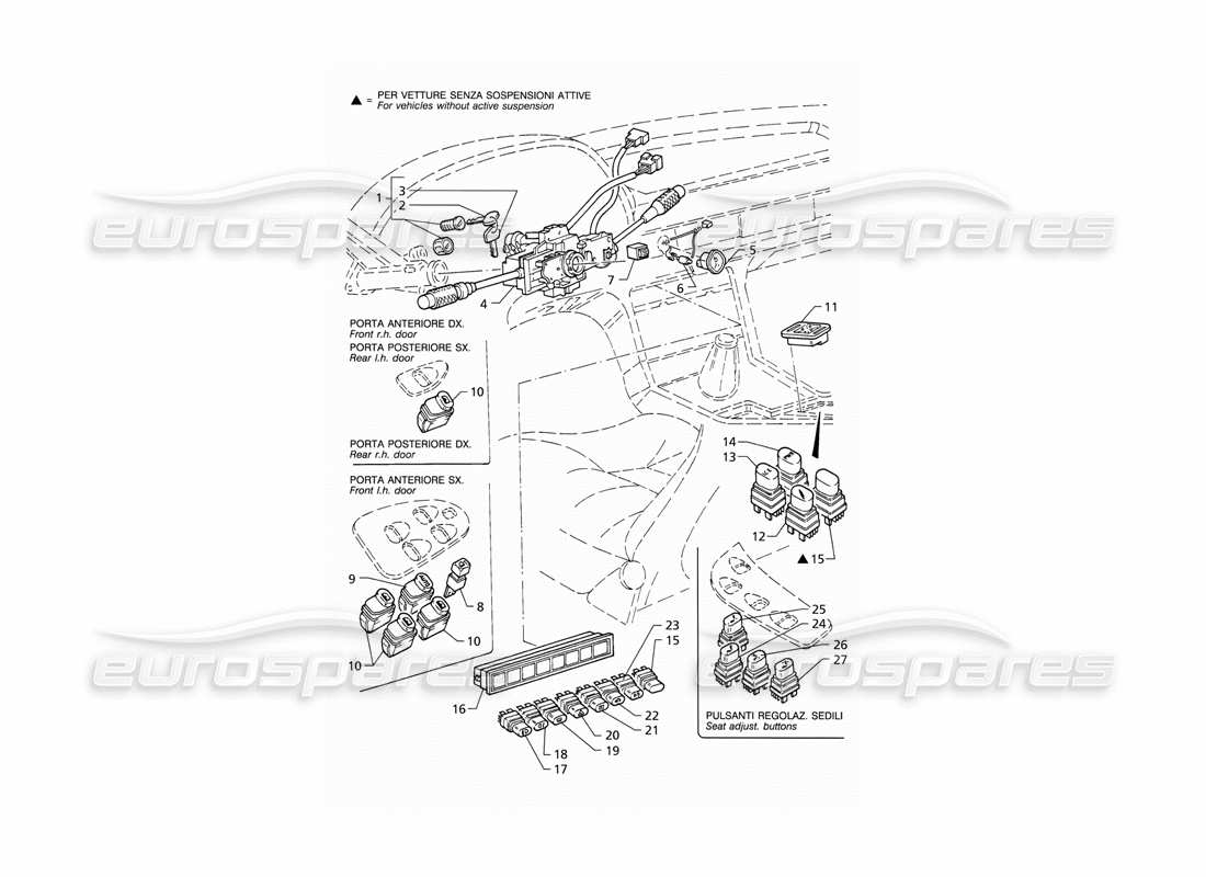 maserati qtp v8 (1998) diagramma delle parti degli interruttori e del bloccasterzo (lhd).