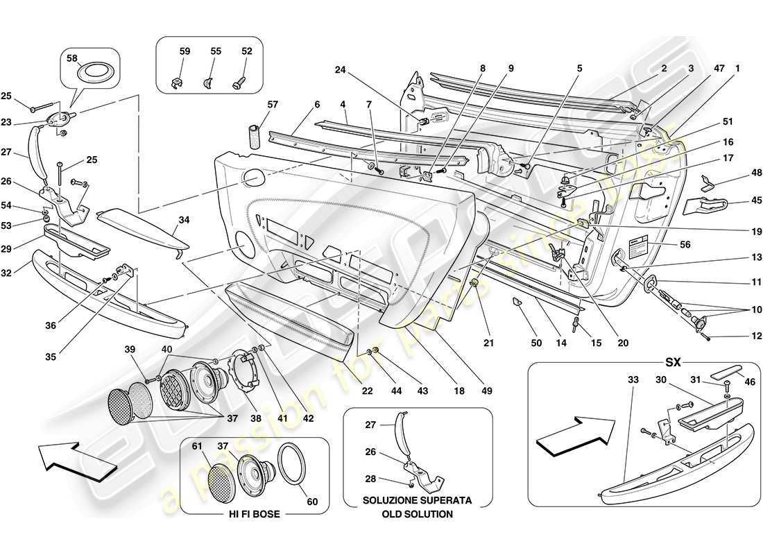 ferrari f430 coupe (rhd) porte - sottostruttura e rivestimento schema delle parti