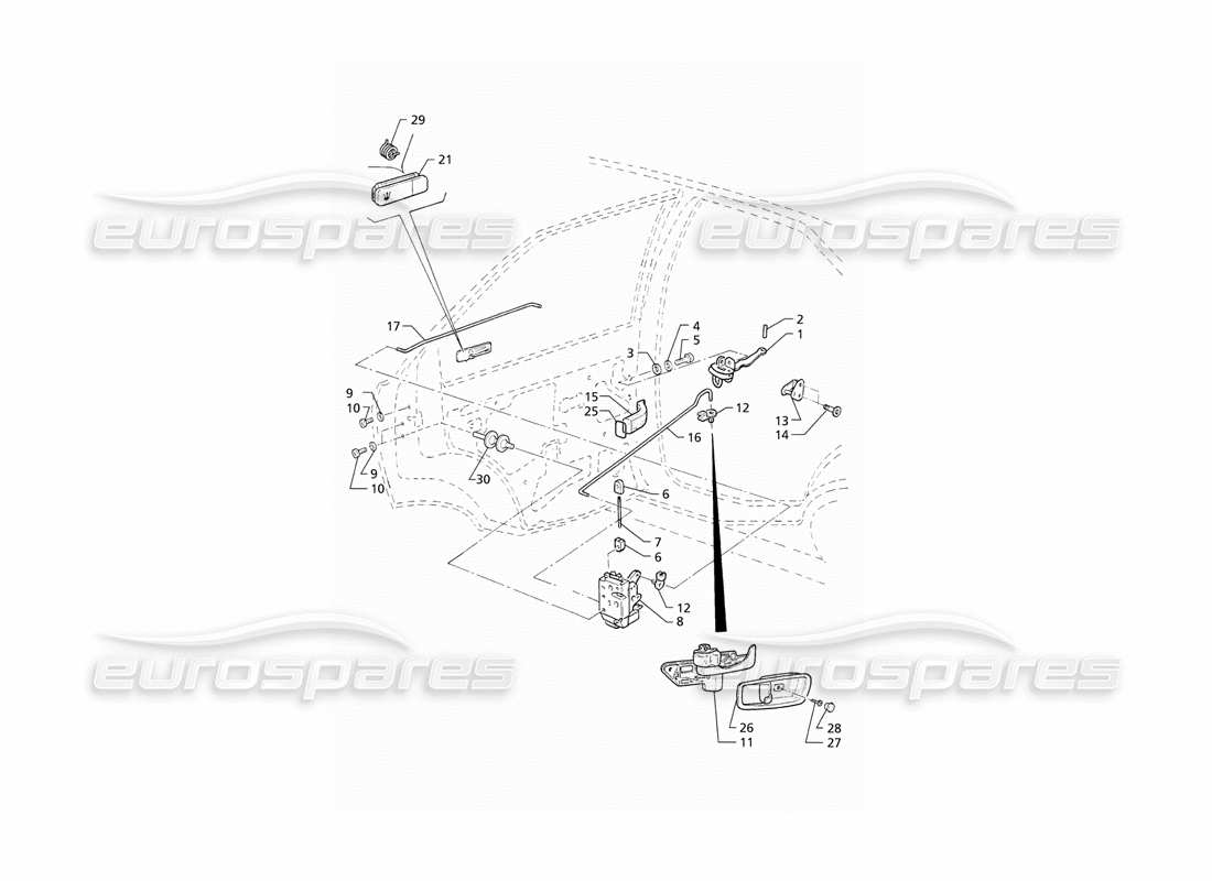 maserati qtp v8 (1998) porte posteriori: schema delle parti delle cerniere e dei comandi interni
