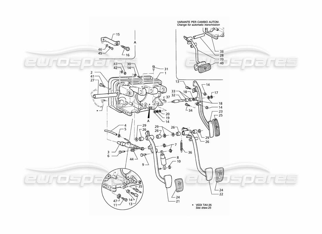 maserati qtp v8 (1998) diagramma delle parti del gruppo pedale e della pompa frizione (lhd).