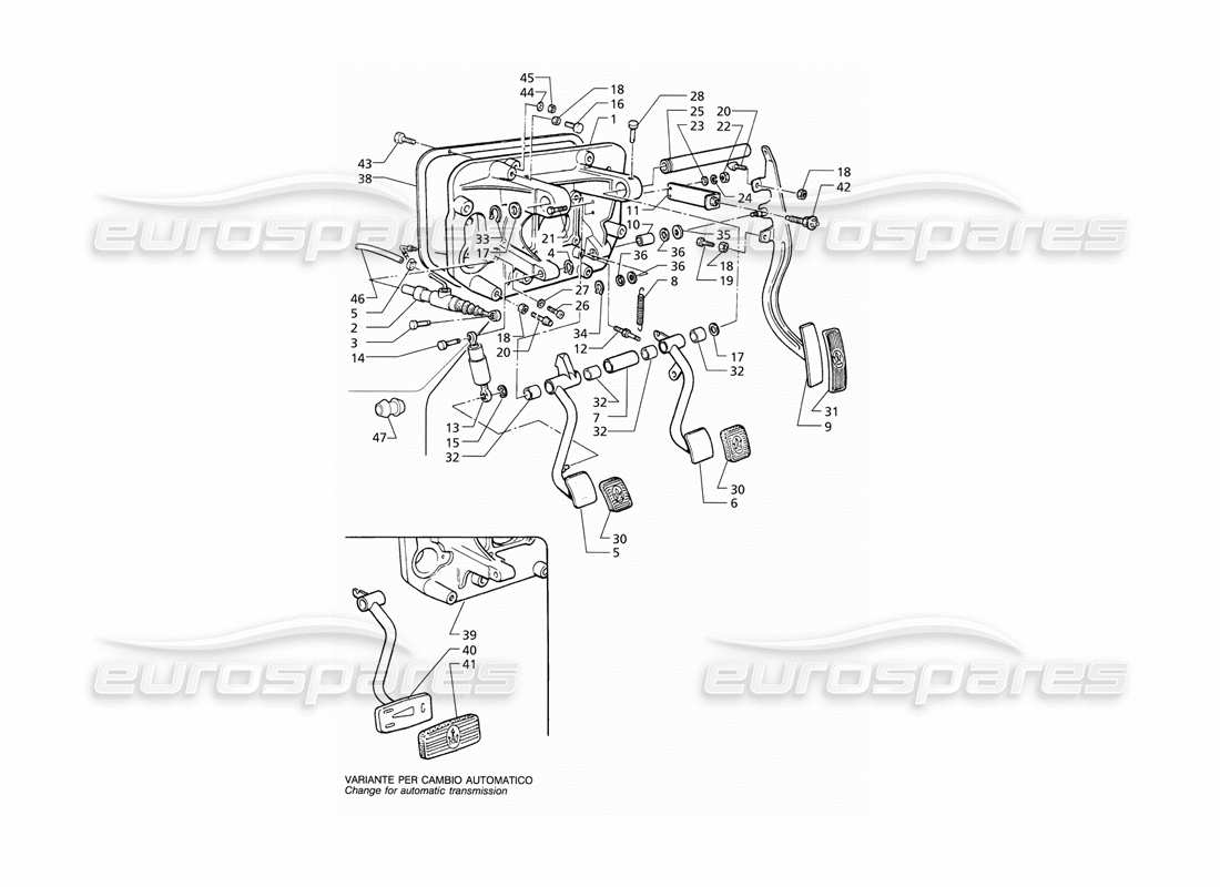 maserati qtp v8 (1998) diagramma delle parti del gruppo pedale e della pompa frizione (rhd).