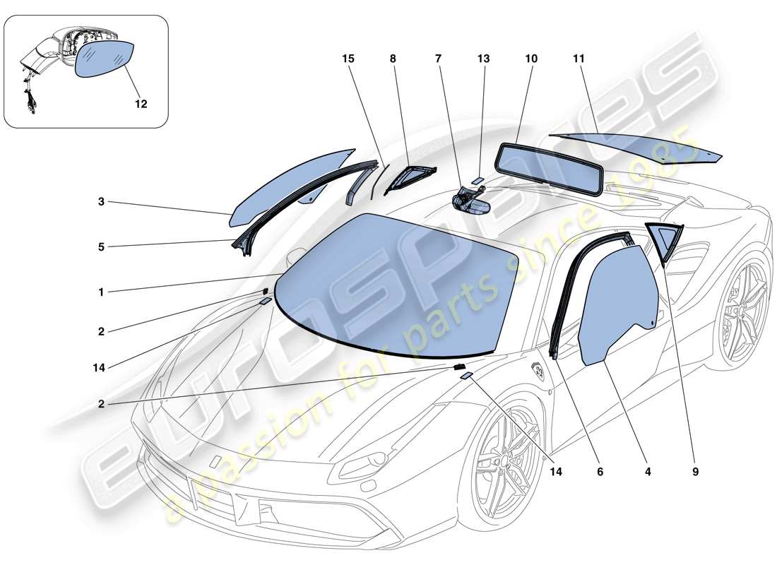 ferrari 488 gtb (rhd) schermi, finestre e guarnizioni diagramma delle parti
