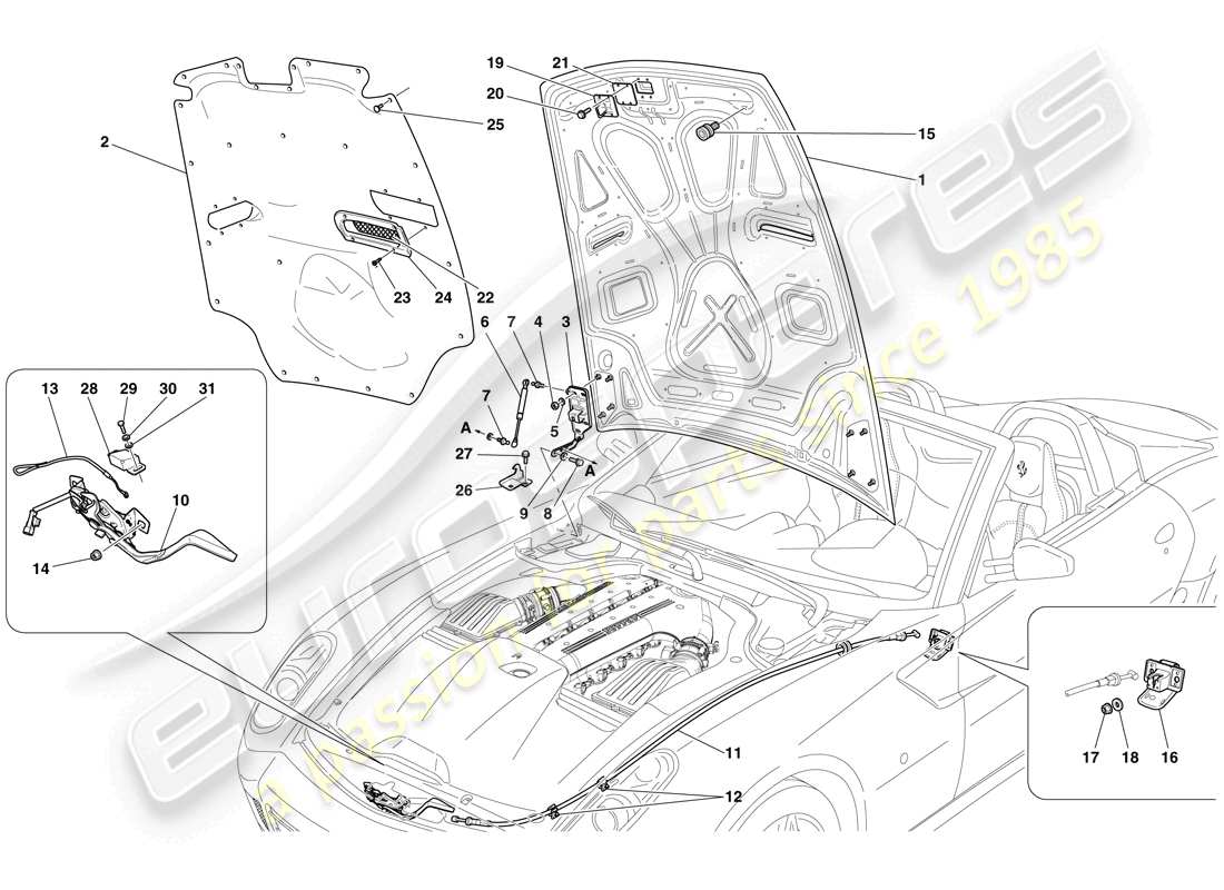 ferrari 599 sa aperta (rhd) coperchio vano motore schema delle parti