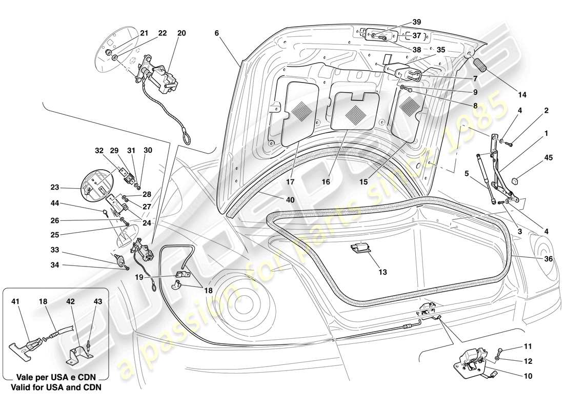 ferrari 599 gtb fiorano (rhd) coperchio del vano bagagli e sportello del riempimento del carburante diagramma delle parti