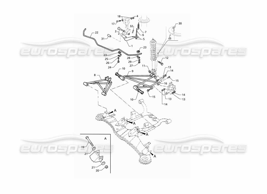 maserati qtp v8 (1998) (pre-mod) schema delle parti della sospensione posteriore con barra antirollio