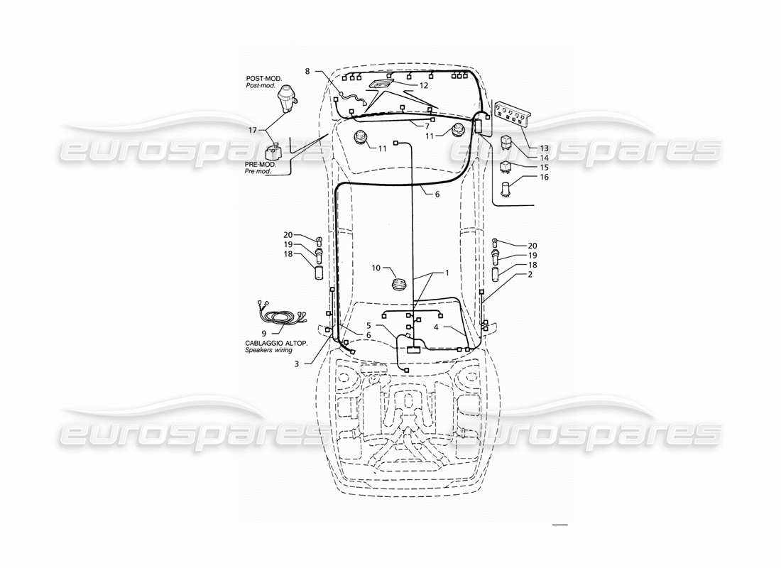 maserati ghibli 2.8 (abs) impianto elettrico: schema delle parti del bagagliaio-porte-abitacolo (guida a destra).