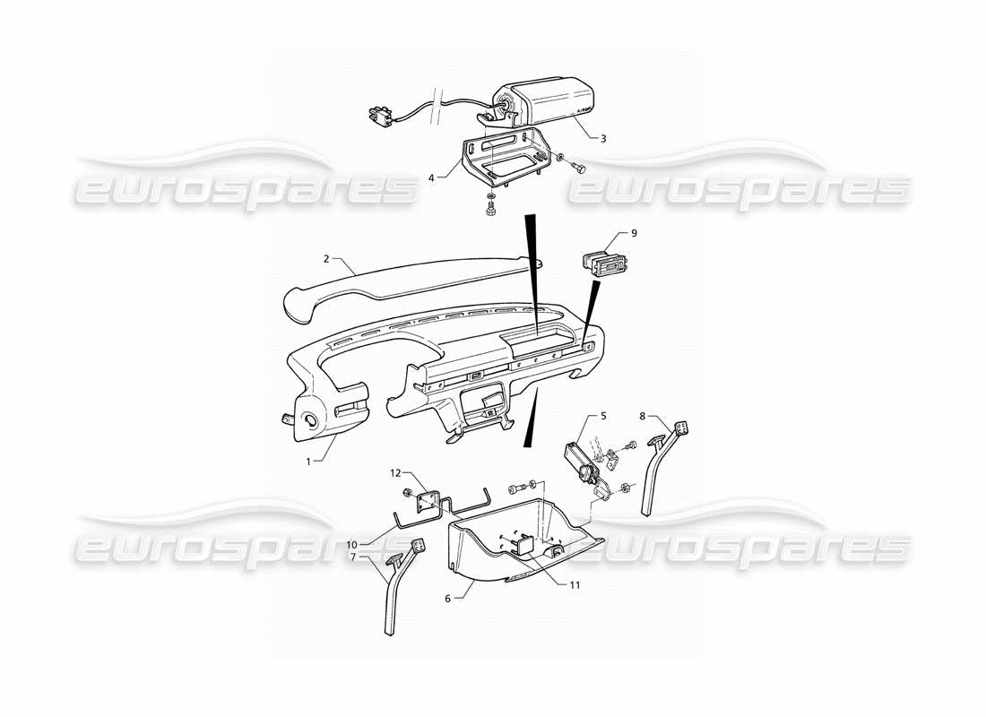 maserati qtp v8 (1998) pannello strumenti: diagramma delle parti di veicoli con doppio airbag