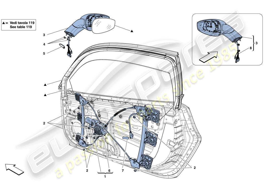 ferrari 488 gtb (rhd) porte - alzacristallo elettrico e specchio retrovisore schema delle parti