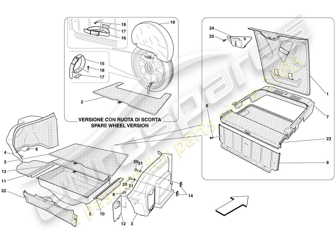 ferrari 599 sa aperta (rhd) rivestimento del vano bagagli schema delle parti