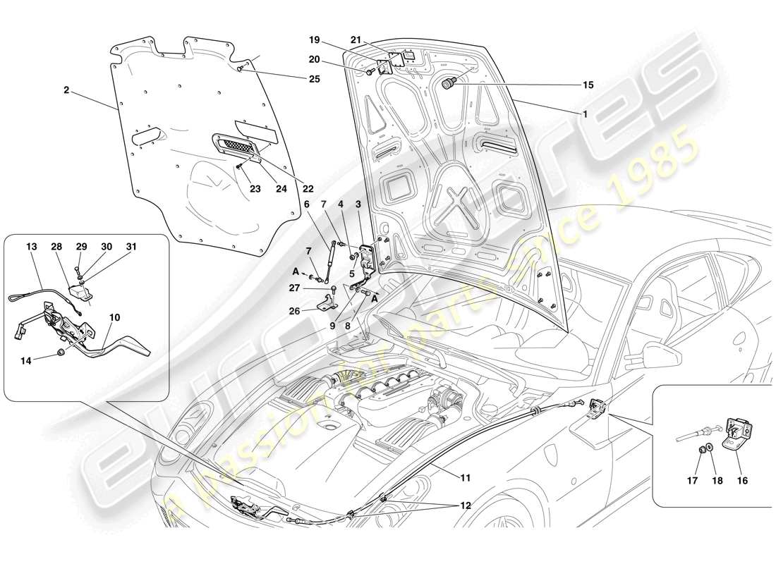 ferrari 599 gtb fiorano (rhd) coperchio vano motore diagramma delle parti