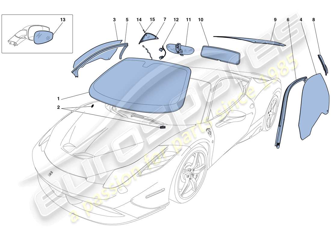 ferrari 458 speciale (rhd) bildschirme, fenster und dichtungen teilediagramm
