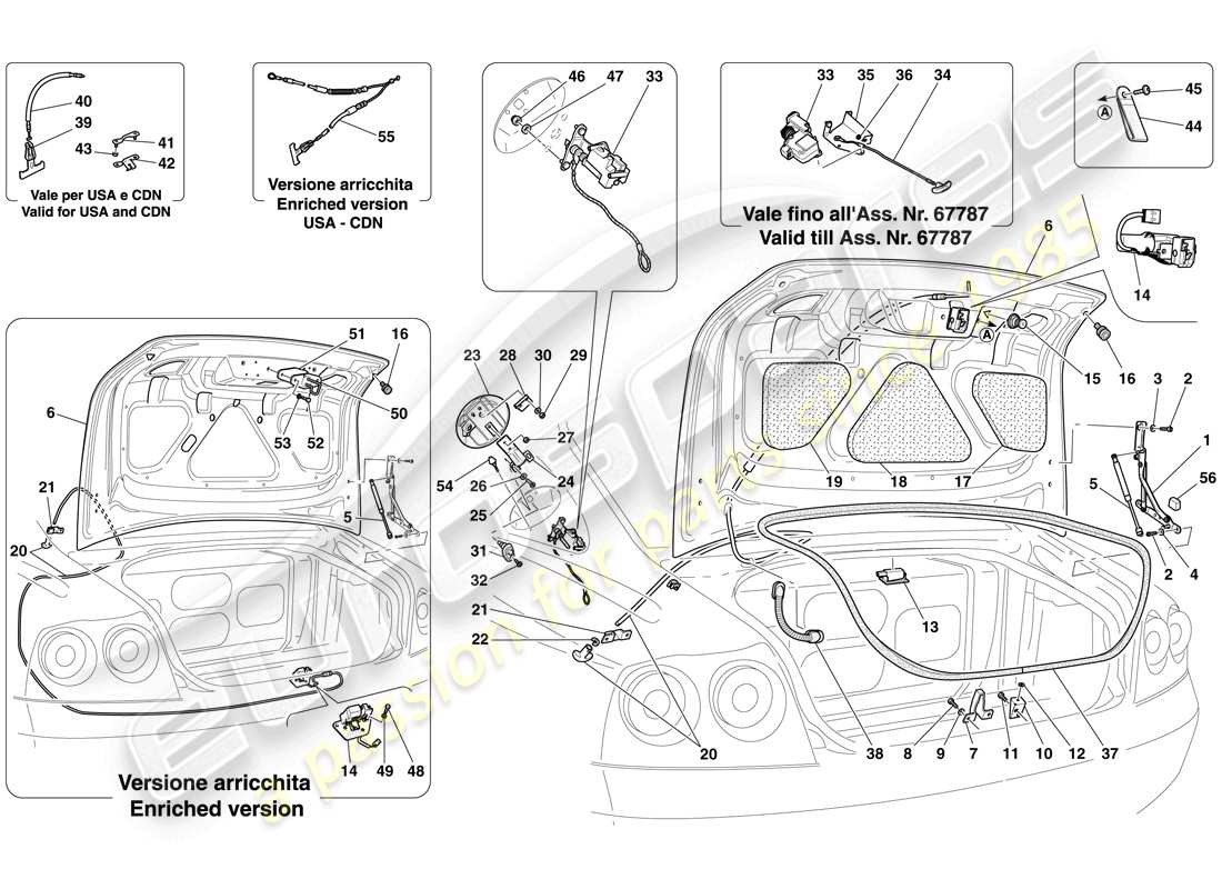 ferrari 612 scaglietti (usa) coperchio del vano bagagli e sportello del serbatoio del carburante diagramma delle parti