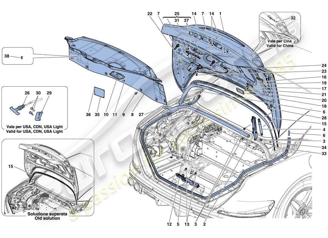 ferrari california t (rhd) coperchio posteriore e meccanismo di apertura diagramma delle parti