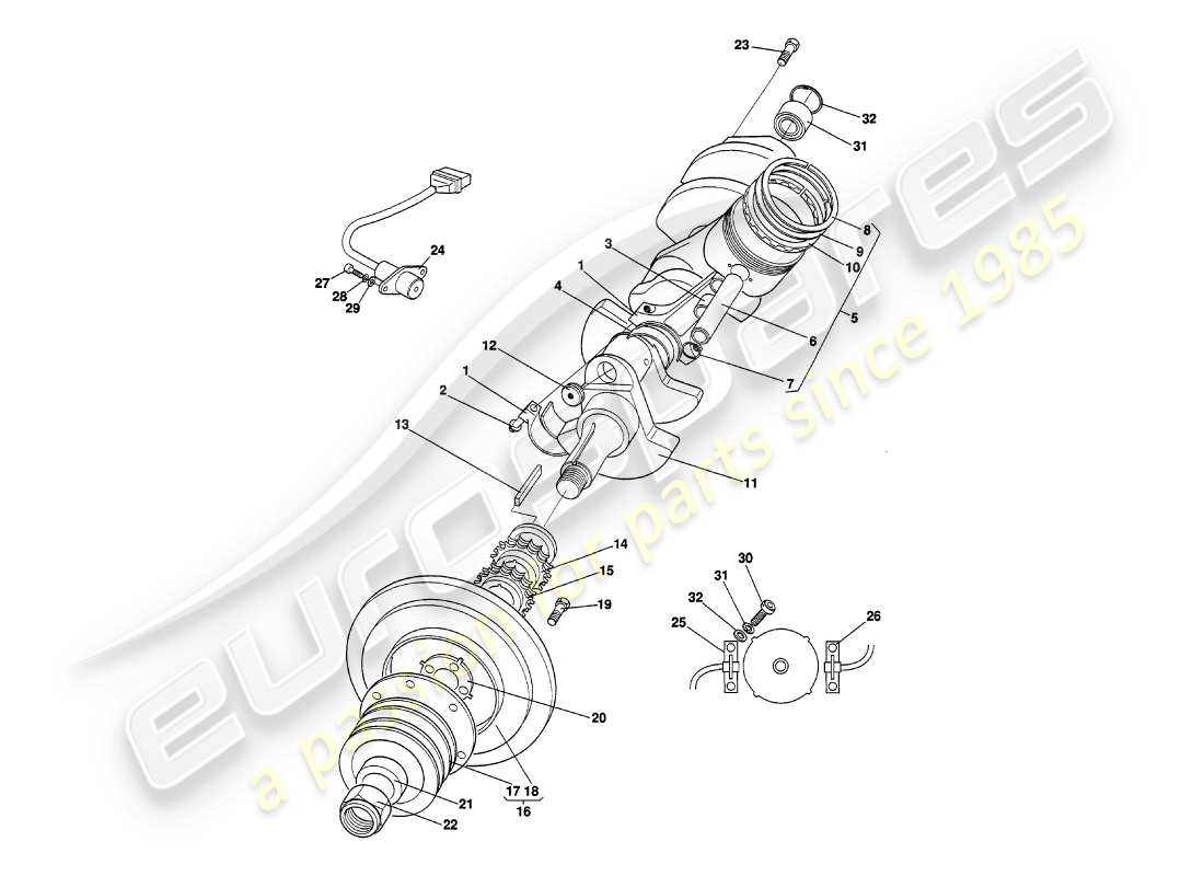 aston martin v8 volante (2000) diagramma delle parti di albero motore, pistoni e aste