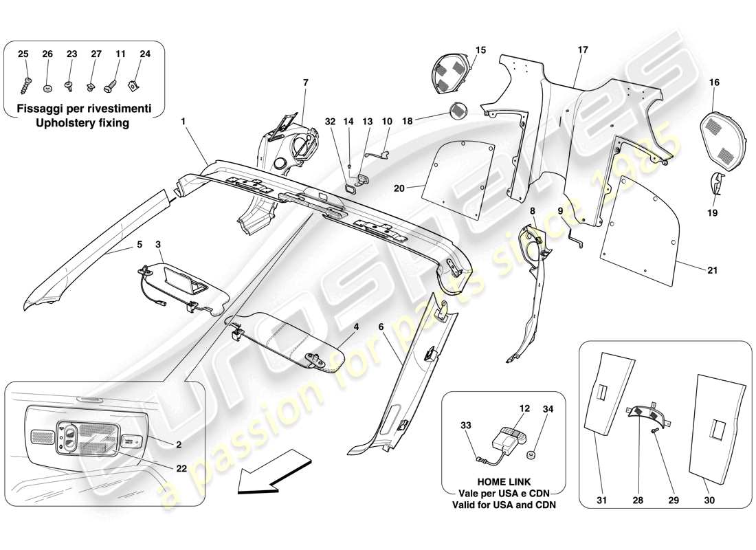 ferrari 599 sa aperta (rhd) bordo del parabrezza e rivestimento abitacolo posteriore diagramma delle parti