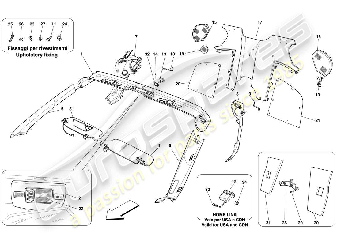 ferrari 599 sa aperta (rhd) cerchio del parabrezza e rivestimento abitacolo posteriore schema delle parti
