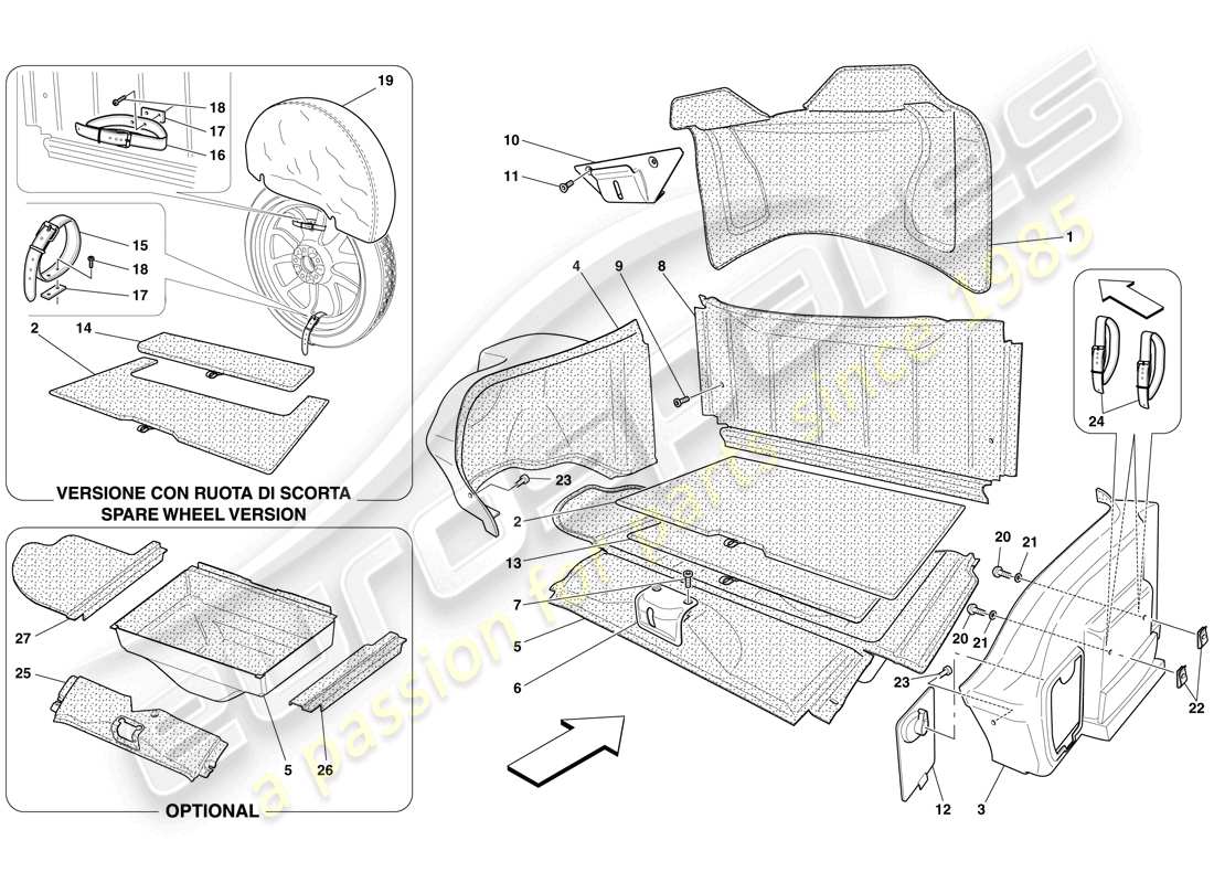 ferrari 599 gtb fiorano (rhd) rivestimento vano bagagli diagramma delle parti