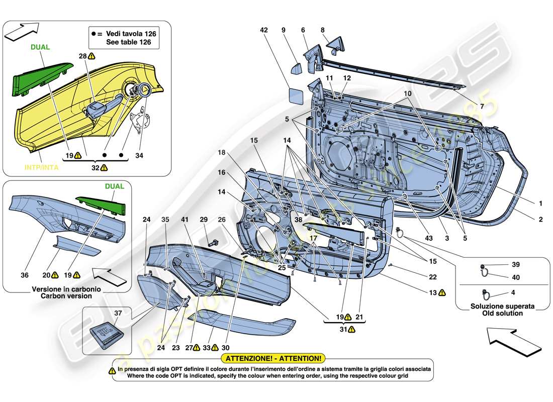 ferrari 488 spider (rhd) porte - sottostruttura e rivestimento schema delle parti