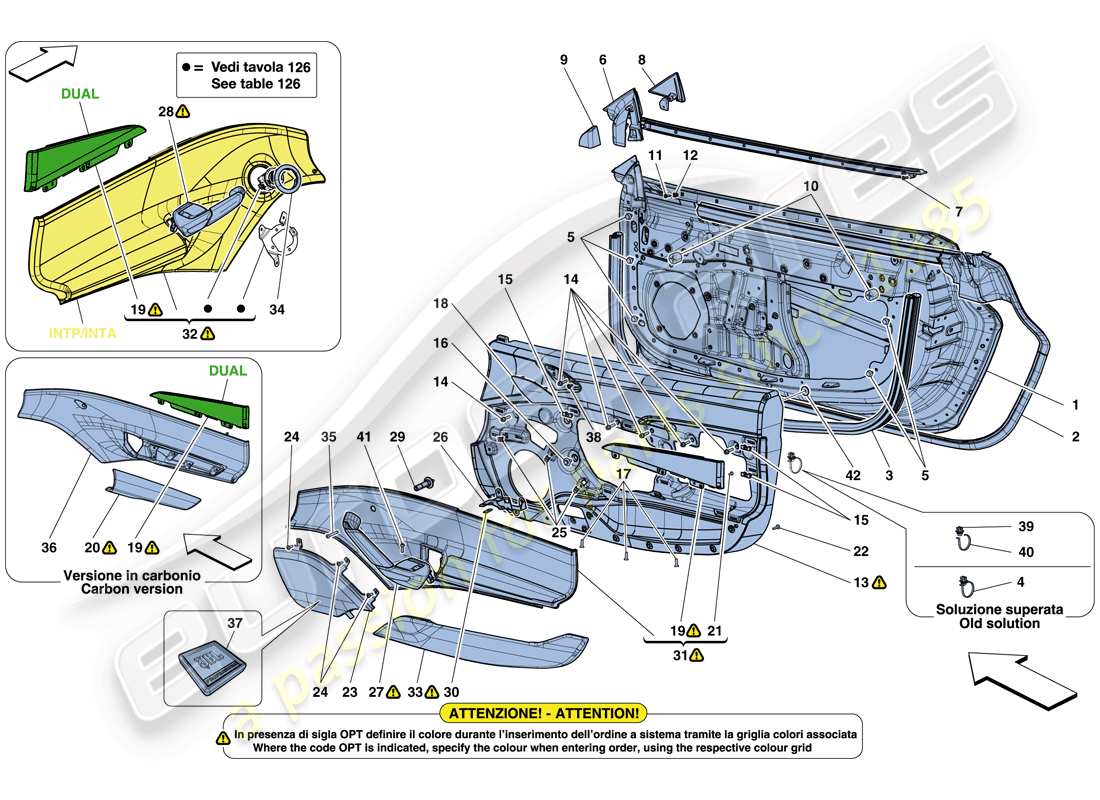 ferrari 488 gtb (rhd) porte - sottostruttura e rivestimento diagramma delle parti