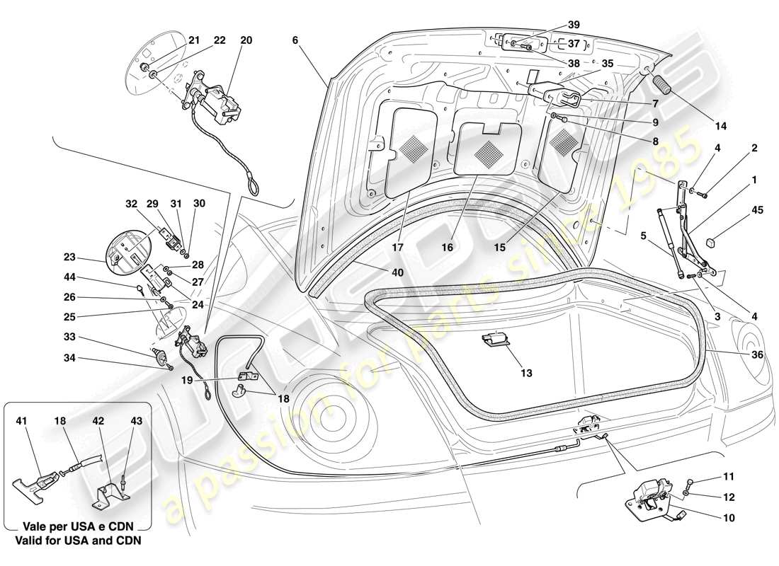 ferrari 599 gto (europe) coperchio del vano bagagli e sportello del riempimento del carburante diagramma delle parti