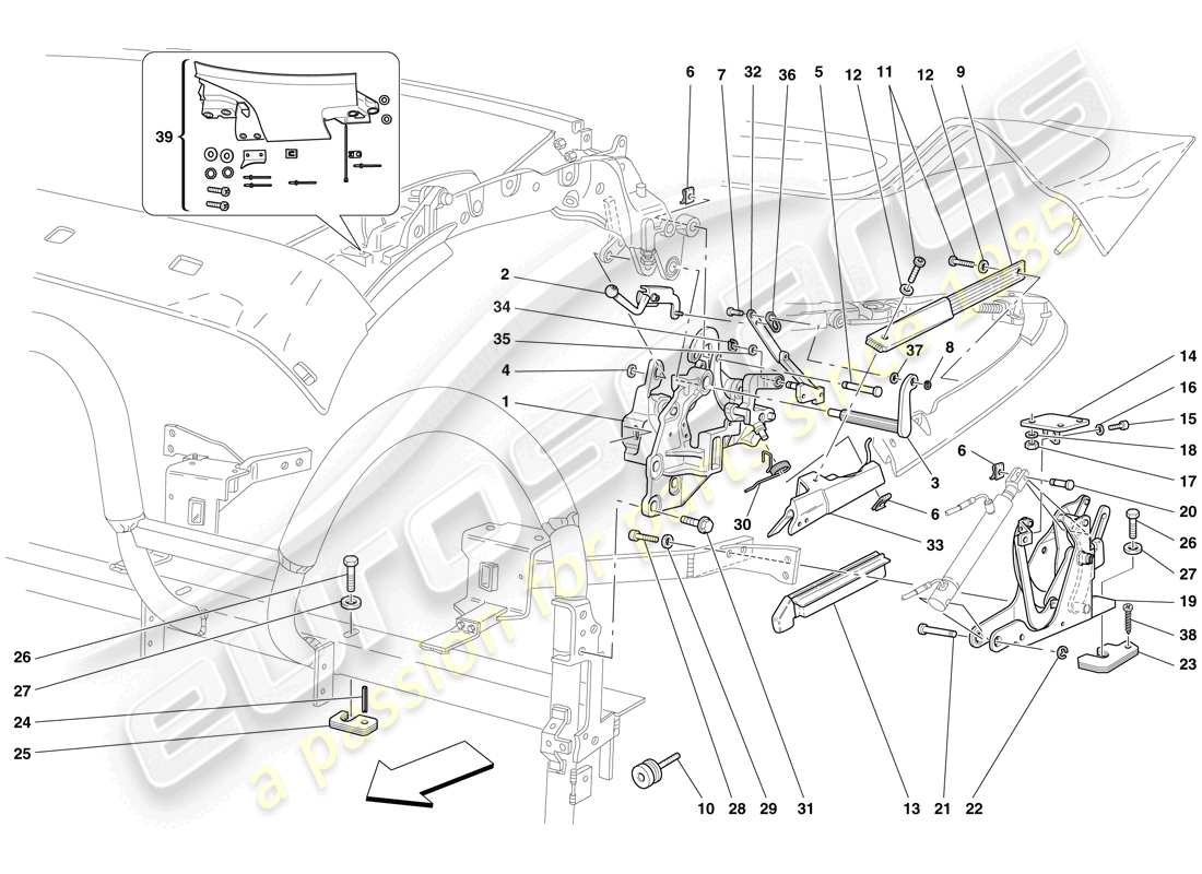 ferrari f430 spider (rhd) cinematica del tetto - parte inferiore diagramma delle parti