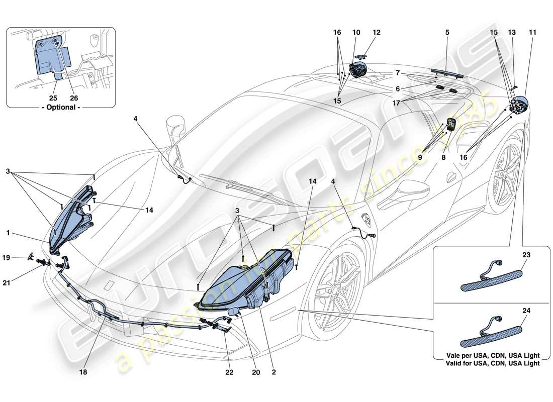 ferrari 488 spider (rhd) fari e fanali posteriori schema delle parti