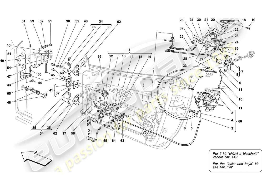 ferrari f430 coupe (usa) porte - meccanismo di apertura e cerniere schema parte