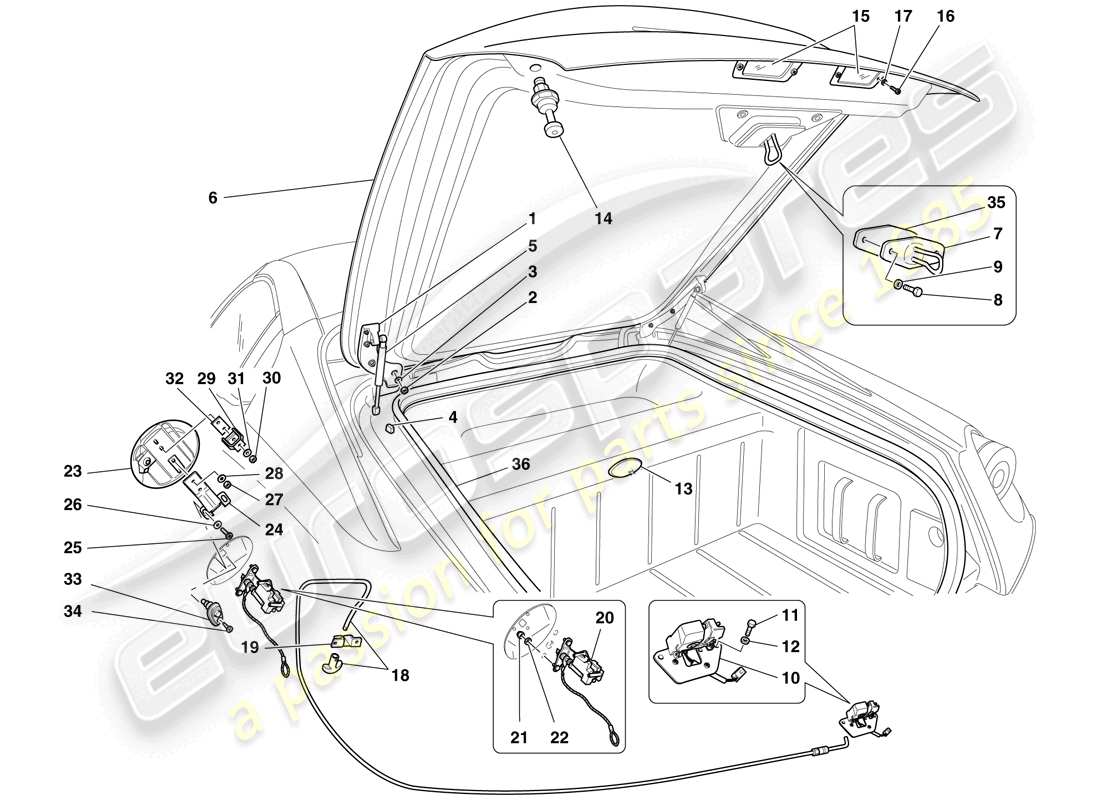 ferrari 599 sa aperta (rhd) coperchio del vano bagagli e sportello del riempimento del carburante diagramma delle parti