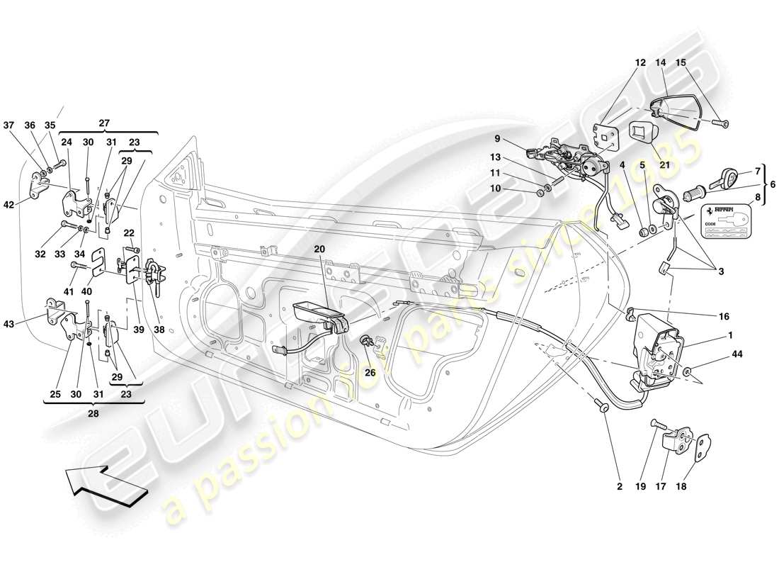 ferrari 599 gtb fiorano (rhd) porte - meccanismo di apertura e cerniere schema parte
