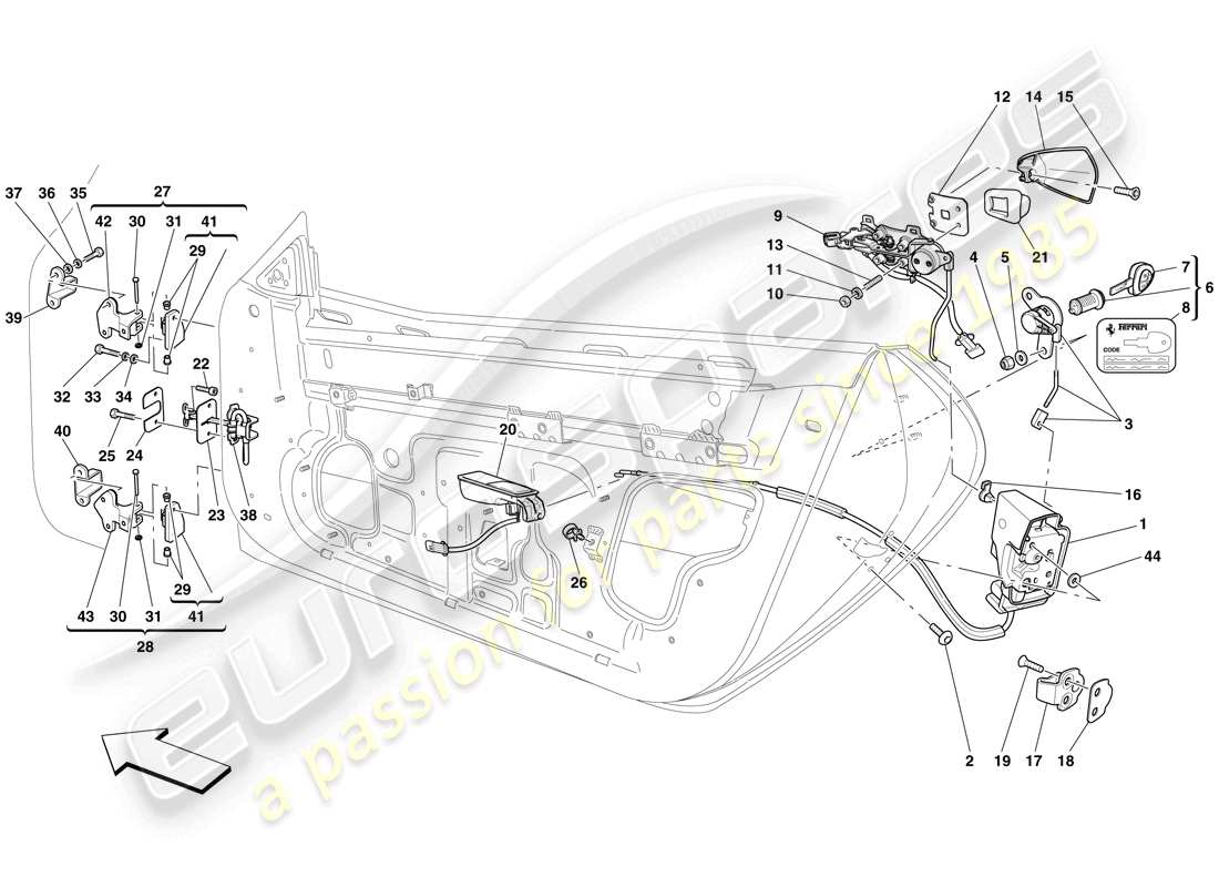 ferrari 599 sa aperta (rhd) ante - meccanismo di apertura e cerniere diagramma delle parti