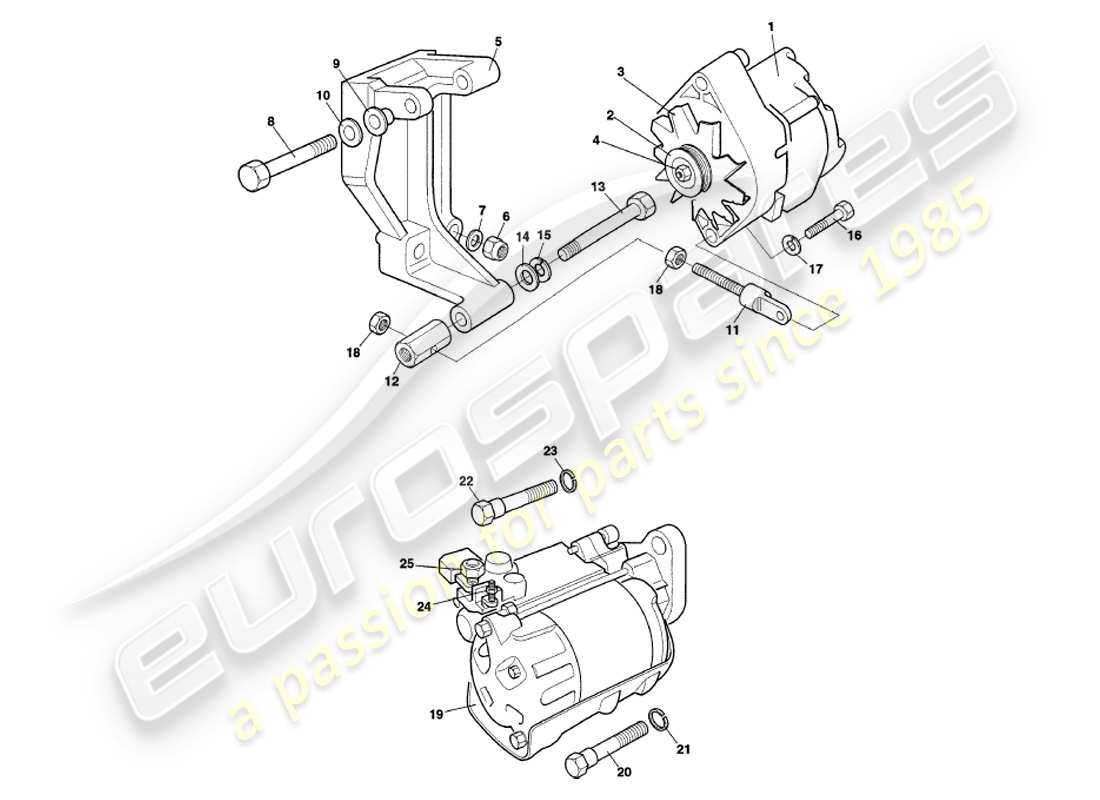 aston martin v8 volante (2000) diagramma delle parti del generatore, del motorino di avviamento e della pompa dell'aria