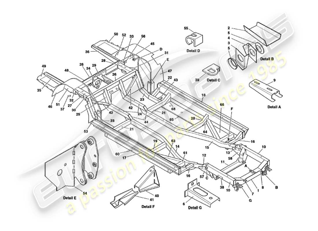 aston martin v8 volante (2000) telaio del telaio diagramma delle parti