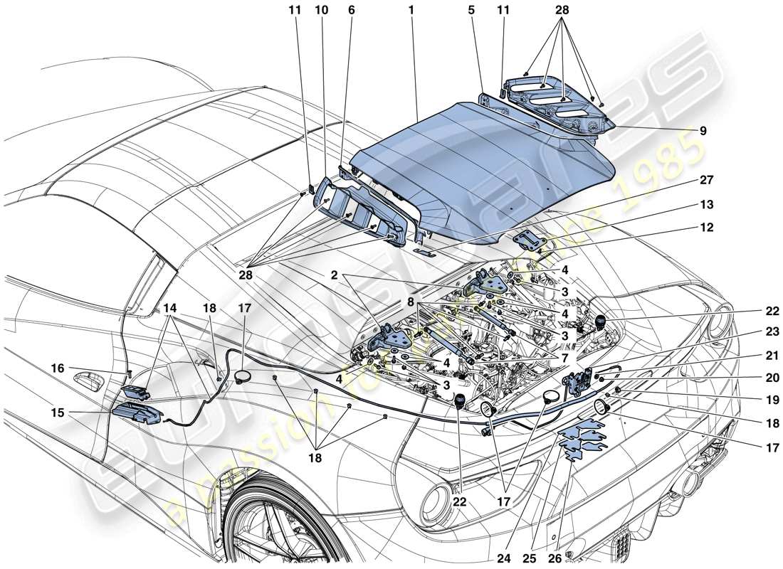ferrari 488 spider (rhd) coperchio vano motore e meccanismo di sblocco diagramma delle parti
