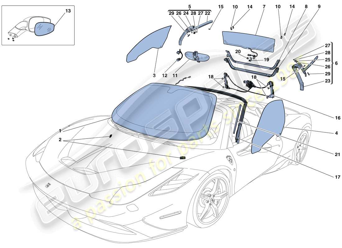 ferrari 458 speciale aperta (rhd) schermi, finestre e guarnizioni diagramma delle parti