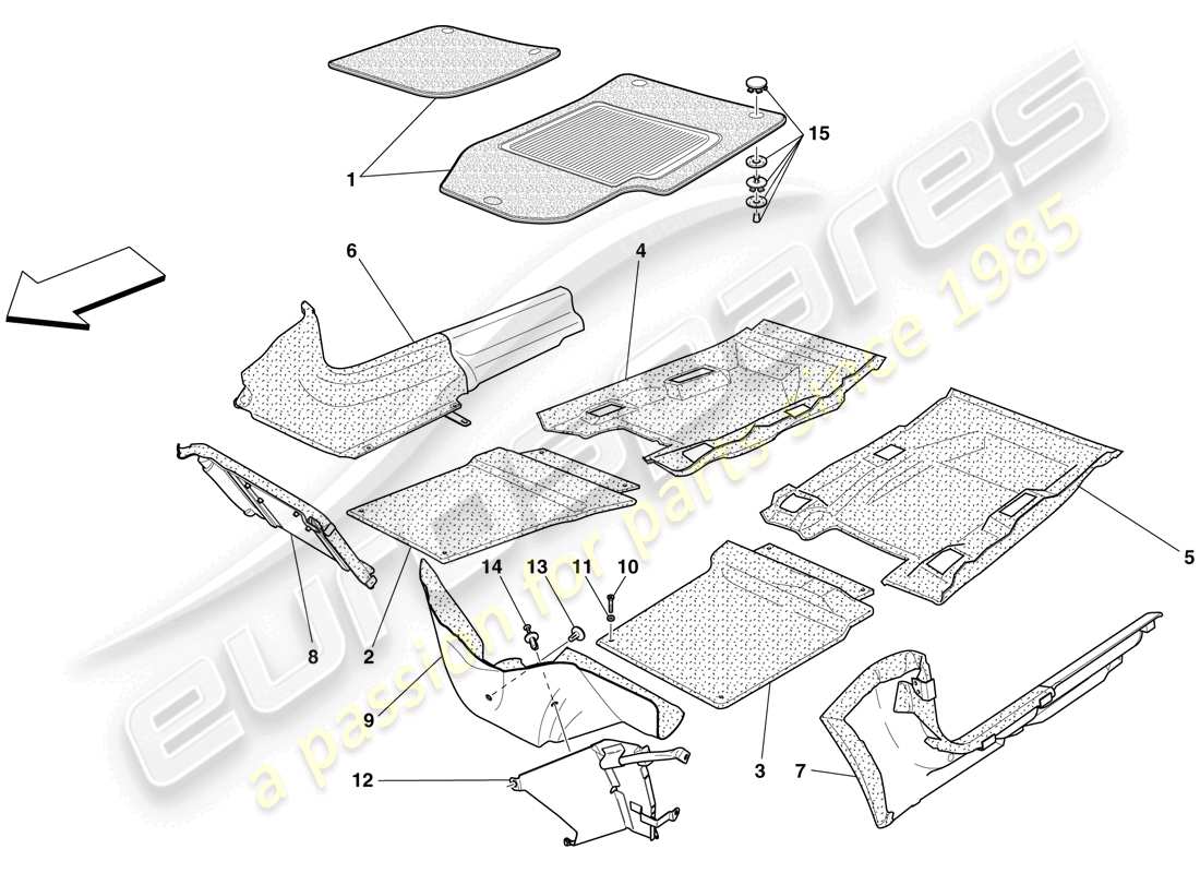 ferrari 599 sa aperta (rhd) rivestimenti e tappeti abitacolo passeggero schema delle parti