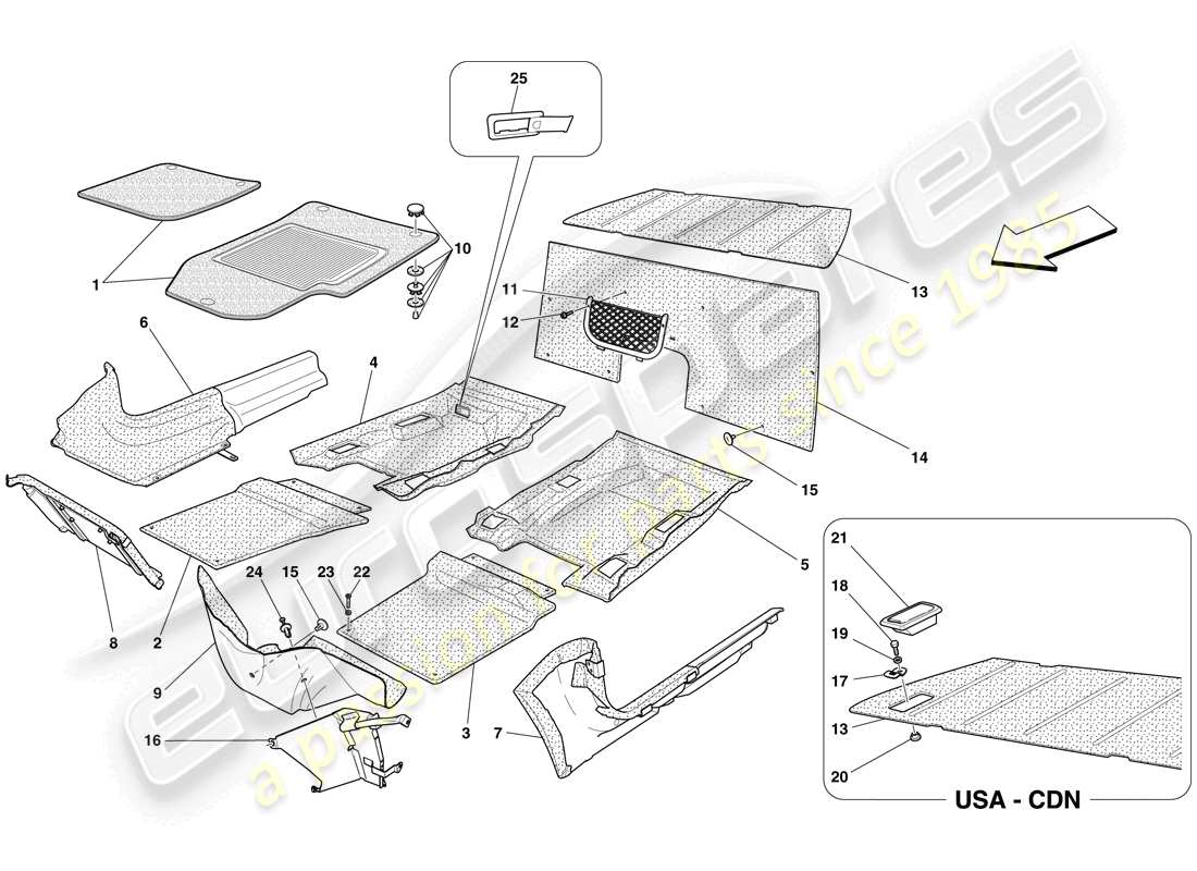 ferrari 599 gtb fiorano (rhd) rivestimenti e tappeti abitacolo passeggero schema delle parti