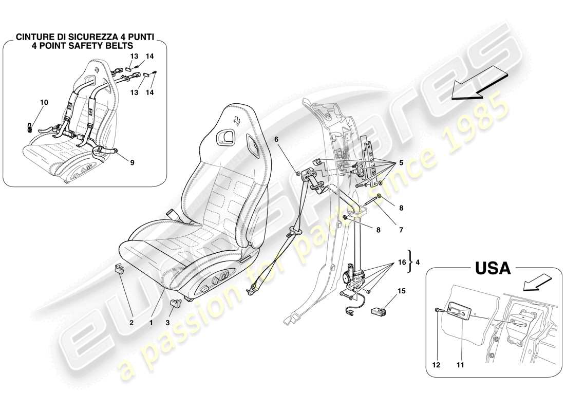 ferrari 599 gtb fiorano (rhd) sedile anteriore completo e cinture di sicurezza schema delle parti