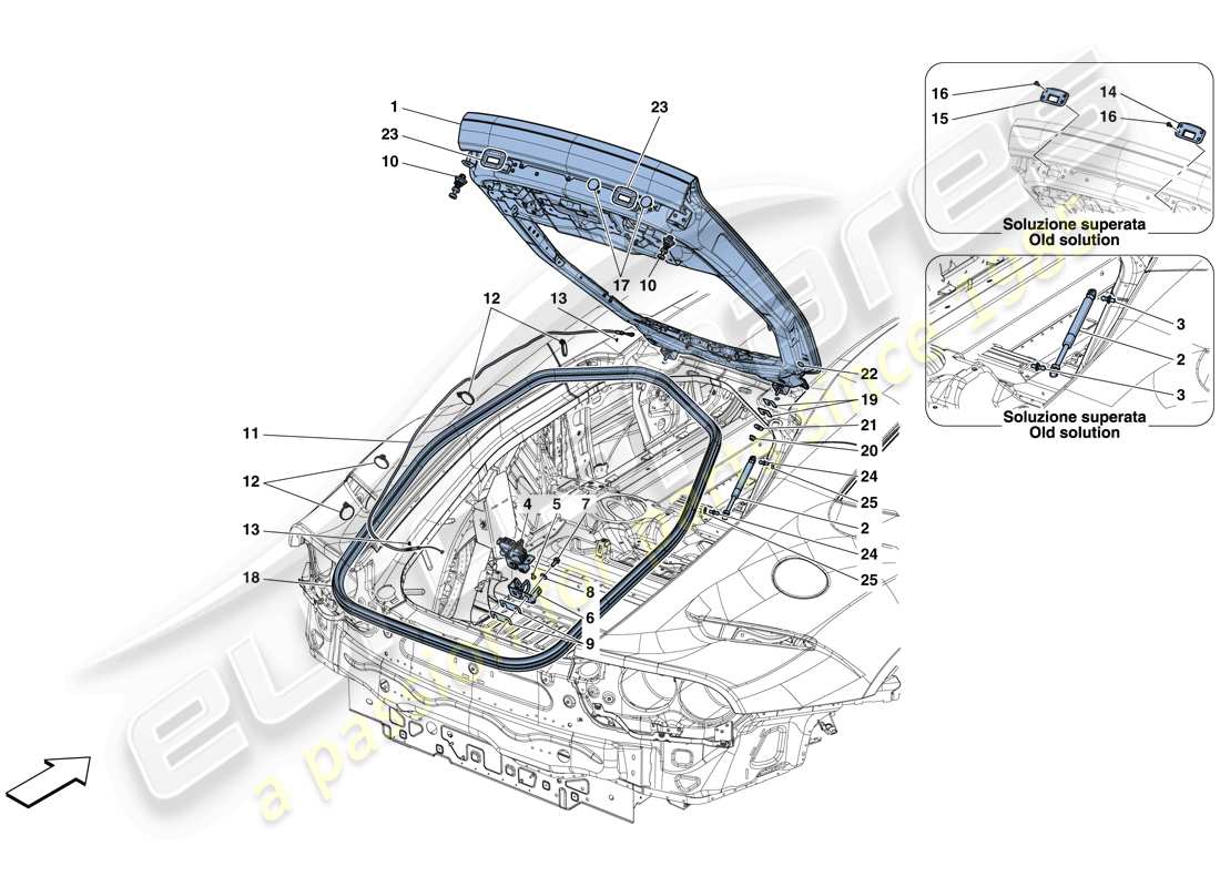 ferrari 812 superfast (rhd) coperchio posteriore e meccanismo di apertura schema delle parti