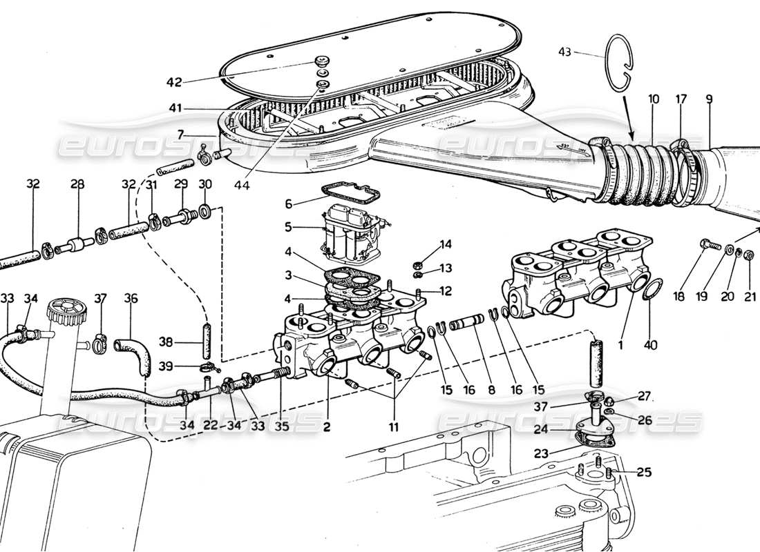 ferrari 365 gtb4 daytona (1969) collettori di aspirazione - diagramma delle parti di aspirazione dell'aria (revisione 1974).