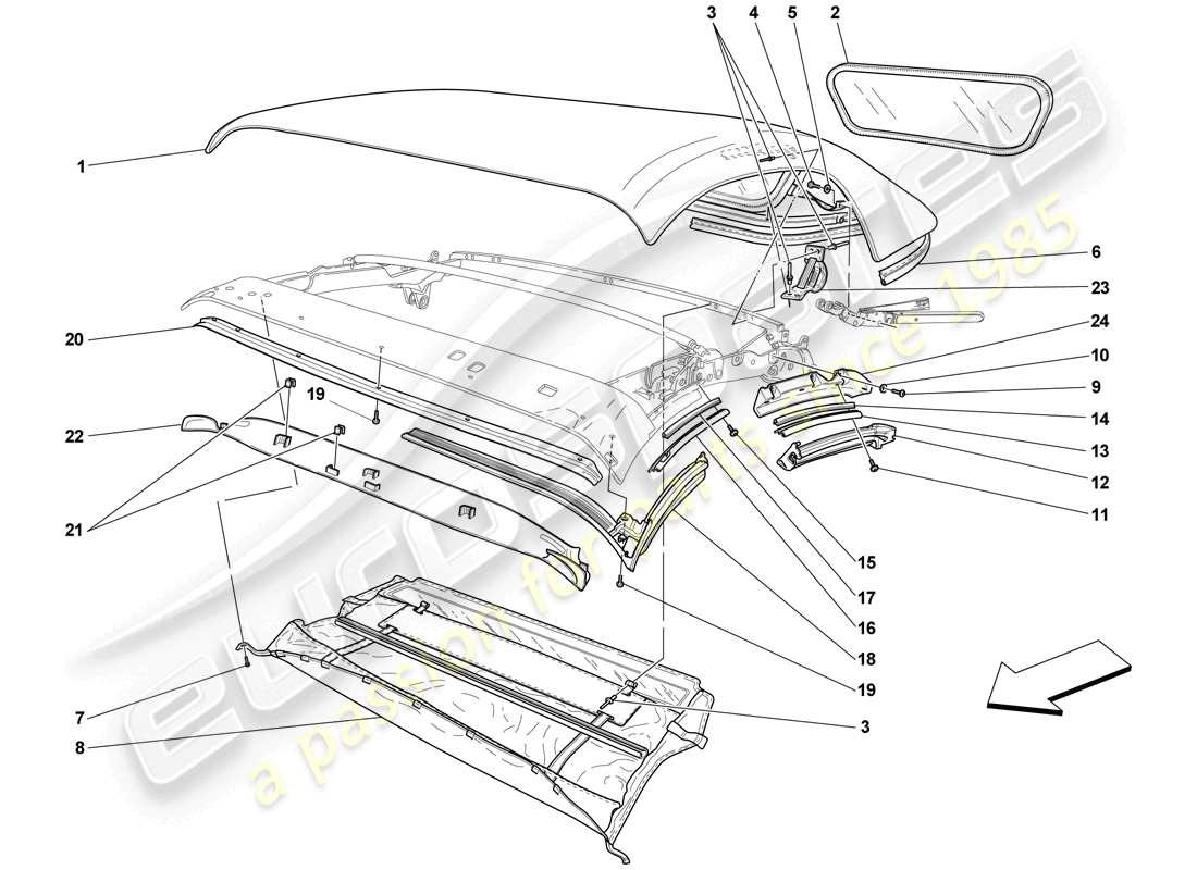 ferrari f430 scuderia (rhd) tela del tetto - guarnizioni - modanatura schema delle parti