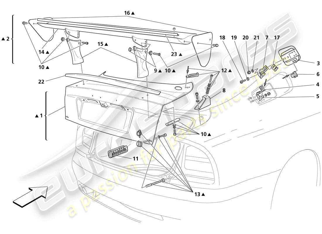 maserati trofeo cofano del cofano del bagagliaio e porta del gas diagramma delle parti